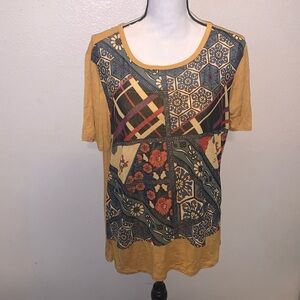 NWT A&I Tinsel Woman’s Large floral geometric Short Sleeve Shirt Layered Mustard